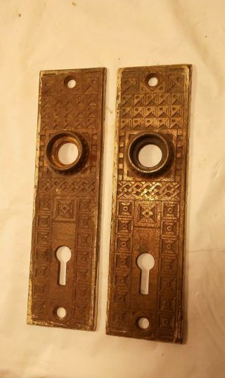 Antique Set Pair Art Deco Ornate Bronze Plate Cast Iron Door Knob Back Plates
