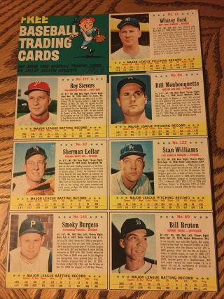 1963 Post Cereal Baseball Uncut 7 Card Panel - Whitey Ford,  Roy Sievers,  More