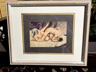 Antique Folk Art Erotic Painting,  Circa 1900,  Ink,  Pencil,  Watercolor