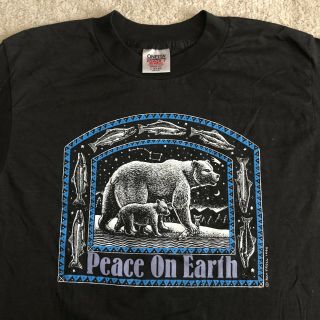 Vintage 1990 Peace On Earth Animal Nature Bear Fish Art Tee Shirt Large