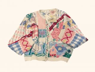 Vtg Cottagecore Hand Knit Cardigan Sweater Size M Pastel Fairy Kei Eagles Eye