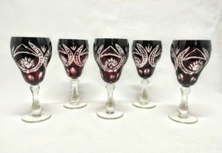 Bohemian Czech Cut - To - Clear Crystal Wine Cranberry Red 6.  75 " Antique Set Of 5