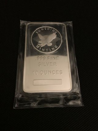 10 Oz Sunshine Minting Silver Bar.  999 Fine In Plastic