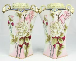 Pair Antique Hand Painted Nippon Imperial Porcelain Rose Flowers Floral Vases