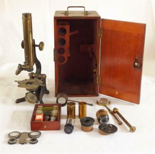 Antique Late 19th C Brass Microscope Maker J H Steward London Plus Many