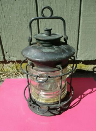 Antique Brass Ship Lantern Light With Corning Fresnel Lens - Great Display