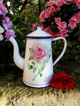 Lovely Antique Enameled French Coffee Pot Japy Pink Rose 1920 - 1930 Art Deco