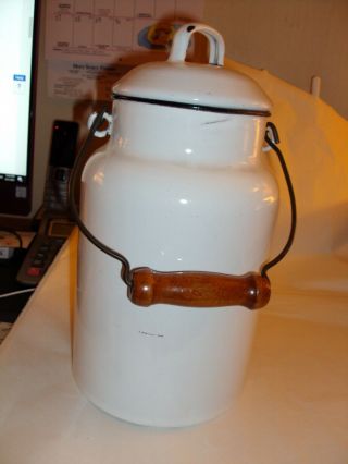 Vintage White Enamelware Milk Can With Blue Trim Bale And Lid Graniteware M1