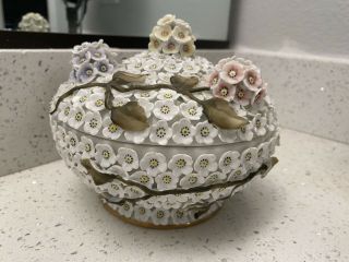 Antique Meissen Schneeballen Porcelain Snowball Covered Bowl Applied Flowers
