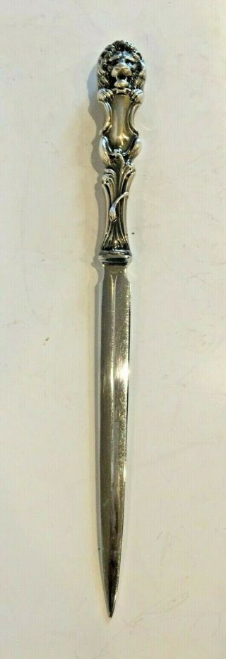 Antique Sterling Silver Letter Opener With Lion Handle