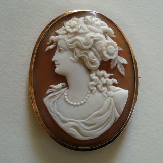 Large Antique Carved Shell Cameo 9ct Gold Brooch Pendant Classical Lady,  Clytie