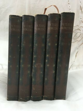 Embossed 1921 Hard Cover Set Of 5 Pictured Knowledge Antique Books Library Decor