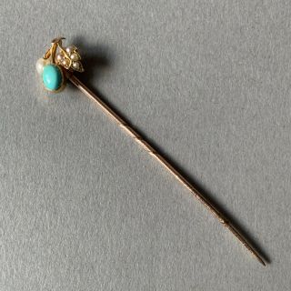 Victorian Antique 15ct Gold Seeded Pearl & Turquoise Tie/ Stick Pin (pin Is 9ct)