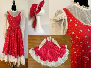 Vintage Prairie Gunne Sax Style Handmade Red Cotton Heart Dress & Hats Costume