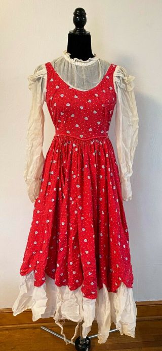 Vintage Prairie Gunne Sax Style Handmade Red Cotton Heart Dress & Hats Costume 2