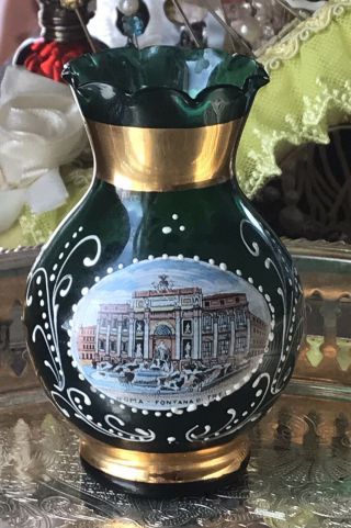 Antique Bohemian Glass Vase Emeral Green Enamel Gold Trim 5” Tall Very Pretty