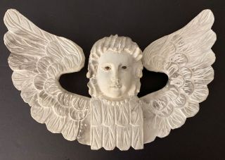White Wood Carved Cherub Angel With Glass Eyes