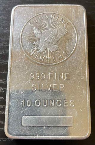 10 Oz Sunshine Minting Silver Bar.  999 Fine Silver.