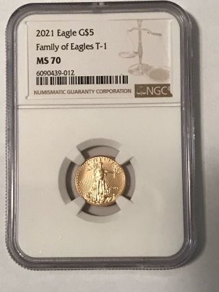 2021 $5 American Gold Eagle 1/10 Oz.  Ngc Ms70 Family Of Eagles Label