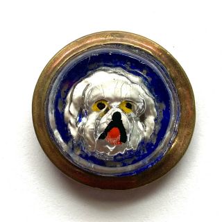 Antique Button Modified Reverse Painted Intaglio Glass Dog Head In Metal