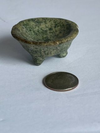 Antique Pre Columbian Olmec Carved Jade Stone Miniature Three Foot Bowl 1.  5 "