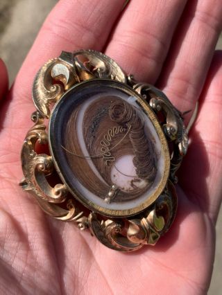 Stunning Antique Victorian Gold Filled Cameo Mourning Brooch Hair Design