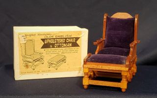 Vintage Dollhouse Miniature Olde English Upholstered Chair & Ottoman Shackman