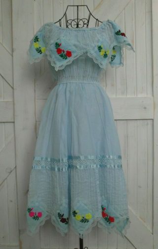 70s Vintage Blue Rainbow Floral Mexican Wedding Dress Boho Hippy Sundress Dress