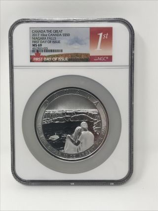 2017 Canada The Great $50 Niagara 10 Oz.  9999 Silver Coin Ngc Ms 69 First Day