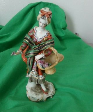 Antique Ackermann Fritze German Figurine Lady With Basket Of Flowers