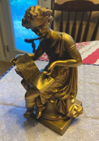 Rare Antique French Bronzed Girl With Book Clock Statue Spelter Topper - Golden