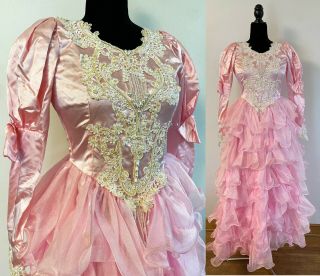 Vintage 1980s Pink Satin Princess Ball Gown Party Dress Faux Pearls Ruffles