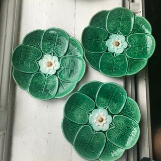 Antique Set Of Three Antique Green Majolica Water Lily Plates Staffordshire 1870