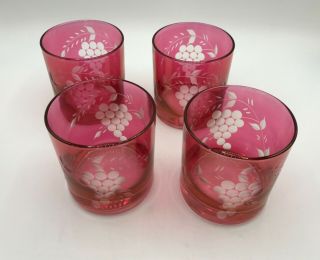 Vintage Cranberry Cut To Clear Grape Etched On The Rocks Glass Tumblers
