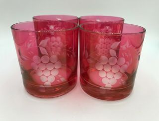 VINTAGE CRANBERRY CUT TO CLEAR GRAPE ETCHED ON THE ROCKS GLASS TUMBLERS 2