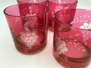 VINTAGE CRANBERRY CUT TO CLEAR GRAPE ETCHED ON THE ROCKS GLASS TUMBLERS 3