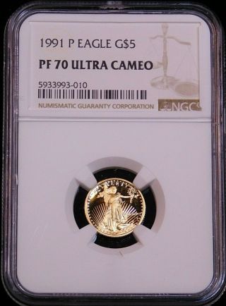 1991 P Gold Eagle $5 (1/10 Oz) Ngc Pf70 Ultra Cameo Premium Quality Lm210
