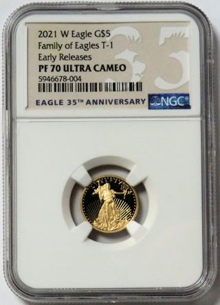 2021 W Gold $5 Proof American Eagle 1/10 Oz Coin T - 1 Ngc Pf 70 Uc Early Releases