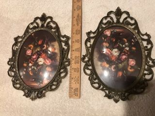 2 Vintage Ornate Metal Oval Picture Frames Bubble Dome Glass Italy