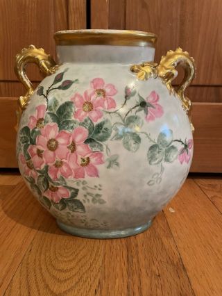Antique Jpl France Hand Painted Pillow Vase With Pink Wild Roses - Signed