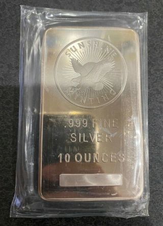 10 Oz Sunshine Minting Silver Bar.  999 Fine Silver