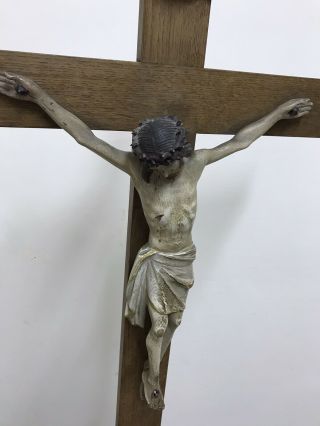 Antique Wooden Crucifix.  Hand - Carved Figure Of Jesus Polychromed.