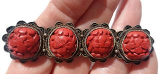 Antique Vintage Chinese Carved Cinnabar Floral Pin Brooch Filigree Export