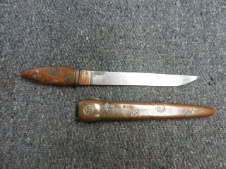 Antique Japanese Tanto Dagger W/ Scabbard - Ornate Brass Handle & Scabbard