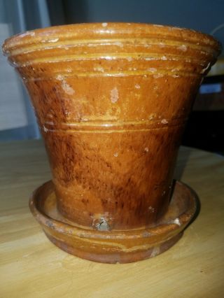 Antique Redware Flower Pot - Glazed Earthenware