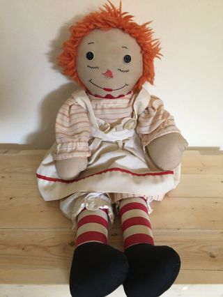 Vintage Handmade Raggedy Ann Toy Doll 20 Inch Orange Hair Dress Striped Dress