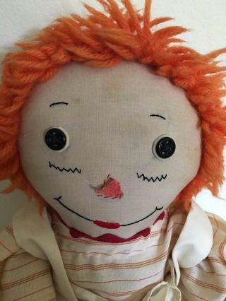 Vintage Handmade Raggedy Ann Toy Doll 20 inch Orange Hair Dress Striped Dress 2