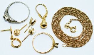 Antique Vtg 7.  4grams 14k Gold Scrap Necklace Ring Mounts Earrings Refine
