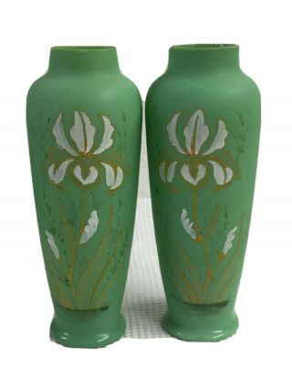 Two Antique Mont Joye Legras Art Nouveau Satin Green Glass Vase Pair
