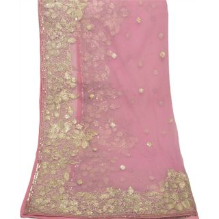 Sanskriti Vintage Dupatta Long Stole Net Mesh Pink Hand Beaded Wrap Scarves